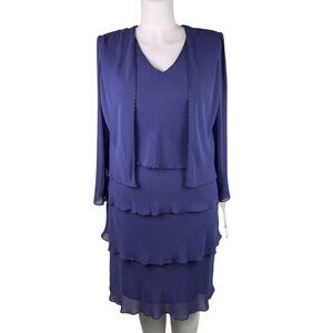 Patra Women’s Blue Polyester Tiered Dress With Sheer Jacket Lord & Taylor Sz16